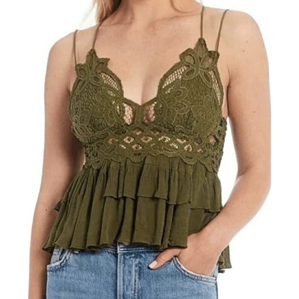 Free People Adella Cami Crochet Lace Flowy Tiered Crisscross Olive Sparrow M New